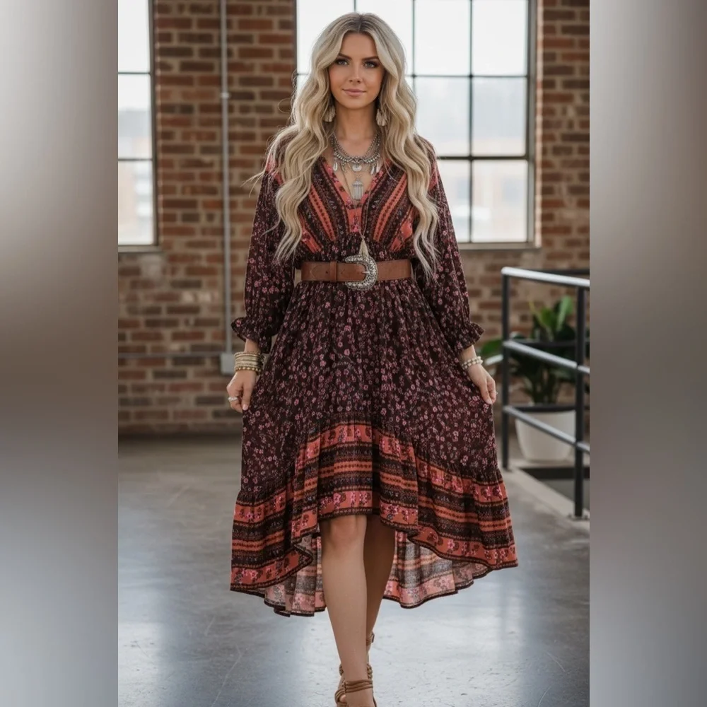 NWT UMGEE Boho Floral Print Tie Back High Low Asymmetrical Hi/Lo Dress - Picture 4 of 10